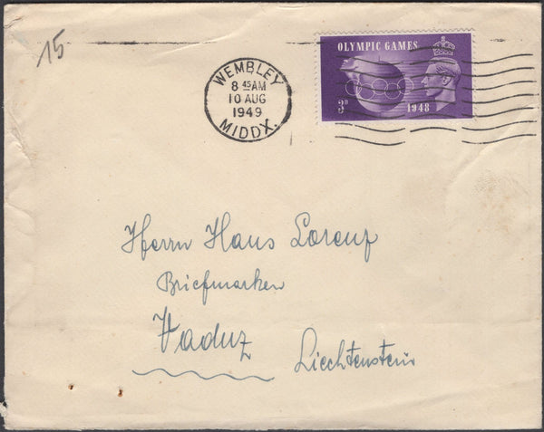 137698 1949 WEMBLEY TO VADUZ, LIECHTENSTEIN WITH 3D OLYMPIC GAMES (SG496).