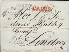 137701 1827 MAIL CADIZ TO LONDON WITH '1¼ Oz at 8s/8d per Oz' UNFRAMED LONDON CHARGE MARK (L1035d).