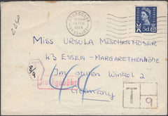 137707 1969 UNDERPAID MAIL ARDROSSAN, AYRSHIRE TO GERMANY WITH 5D REGIONAL (S11).