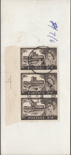 137710 1967 'RECORDED PARCEL TRANSIT' CARD LONDON BRIDGE TO AYLESFORD WITH STRIP OF THREE 2/6 CASTLE ISSUE.