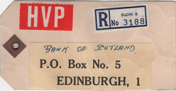 137712 1969 BANKERS 'HIGH VALUE PACKET' REGISTERED PARCEL LABEL WITH CASTLE ISSUE 10S AND £1 BLOCK OF FOUR.
