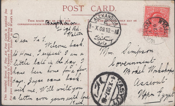 137716 1909 MAIL WALTON, NORFOLK TO UPPER EGYPT WITH KEDVII 1D.
