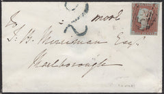 137717 1851 UNDERPAID MAIL MELKSHAM, WILTS TO MARLBOROUGH WITH 1D (SG8) AND MELKSHAM '2' HAND STAMP IN DARK BLUE.