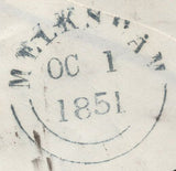 137717 1851 UNDERPAID MAIL MELKSHAM, WILTS TO MARLBOROUGH WITH 1D (SG8) AND MELKSHAM '2' HAND STAMP IN DARK BLUE.