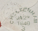 137719 1848 MAIL CHELTENHAM TO LUDLOW WITH 1D PL.71 (SG8)(JJ) WITH 'PITTVILLE' HAND STAMP AND 'CHELTENHAM/3' SKELETON DATE STAMP (GL169).