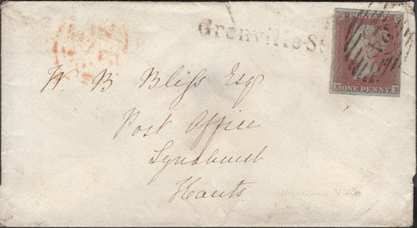137720 1849 MAIL LONDON TO LYNDHURST, HANTS WITH 1D PL.89 (SG8) AND 'Grenville-St.' RECEIVERS HAND STAMP.
