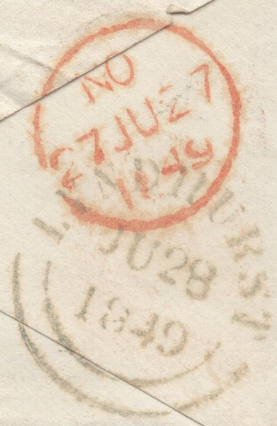 137720 1849 MAIL LONDON TO LYNDHURST, HANTS WITH 1D PL.89 (SG8) AND 'Grenville-St.' RECEIVERS HAND STAMP.