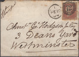 137721 1854 WRAPPER USED IN LONDON WITH 1D PL.164 (SG8), 'Bow' RECEIVERS HAND STAMP IN BLUE.