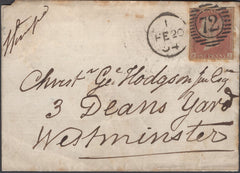 137721 1854 WRAPPER USED IN LONDON WITH 1D PL.164 (SG8), 'Bow' RECEIVERS HAND STAMP IN BLUE.