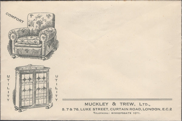 137724 CIRCA 1930 UNUSED ILLUSTRATED ADVERTISING ENVELOPE 'MUCKLEY AND TREW' WITH FINE IMAGES OF FURNITURE.
