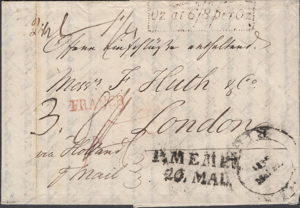 137726 1830 MAIL RIGA TO LONDON WITH '1¼ Oz at 6s/8d per Oz' DOTTED FRAMED LONDON HAND STAMP (L1036b).