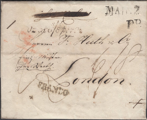 137729 1822 MAIL MAINZ, GERMANY TO LONDON WITH '1 Oz at 6s/8d per Oz' UNFRAMED HAND STAMP (L1035b).