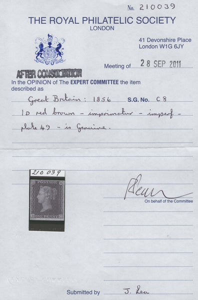 137731 1857 DIE 2 1D PL.49 IMPERFORATE IMPRIMATUR LETTERED TC.