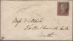 137732 1856 MAIL LONDON TO BATH WITH DIE 2 1D PL.12 (SPEC C6), 'Croydon-H.S' RECEIVERS HAND STAMP.