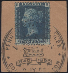 137735 1890 PENNY POSTAGE JUBILEE, SMALL PIECE WITH 2D BLUE PL.14 (SG47), LARGE PART 'SOUTH KENSINGTON' HAND STAMP.