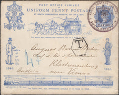 137737 1890 PENNY POSTAGE JUBILEE 1D BLUE ENVELOPE UNDERPAID SOUTH KENSINGTON TO VIENNA WITH 'SOUTH KENSINGTON' EXHIBITION HAND STAMP.