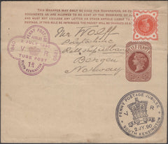 137738 1890 PENNY POSTAGE JUBILEE, ½D BROWN NEWSPAPER WRAPPER TO NORWAY WITH 'SOUTH KENSINGTON' CIRCULAR EXHIBITION HAND STAMP AND 'TUBE POST' EXHIBITION HAND STAMP.