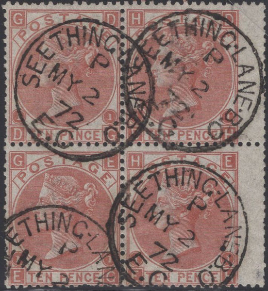137776 1867 10D PALE RED-BROWN (SG113) ATTRACTIVE USED BLOCK OF FOUR.
