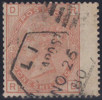 137788 1880 1S ORANGE-BROWN PL.13 WMK SPRAY (SG151) FINE TO VERY FINE USED.