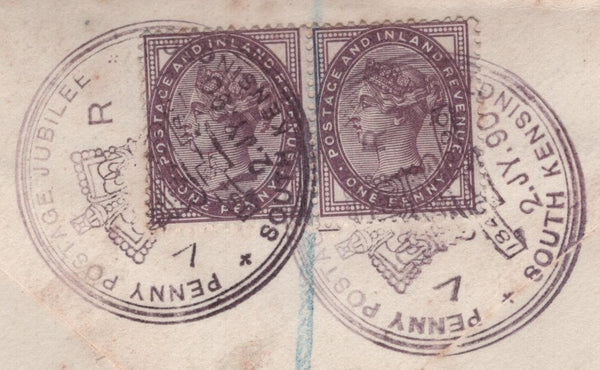 137797 1890 PENNY POSTAGE JUBILEE 1D BLUE ENVELOPE SENT REGISTERED MAIL FROM SOUTH KENSINGTON EXHIBITION, USED IN LONDON.