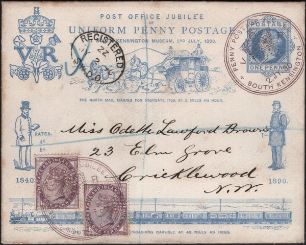 137799 1890 PENNY POSTAGE JUBILEE, 1D BLUE ENVELOPE SENT REGISTERED MAIL FROM THE SOUTH KENSINGTON EXHBITION TO CRICKLEWOOD.
