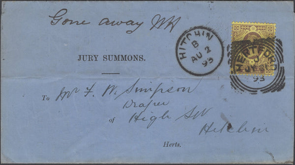 137807 1893 UNDELIVERED 'JURY SUMMONS' MAIL FROM HERTFORD TO HITCHIN WITH 3D RATE.