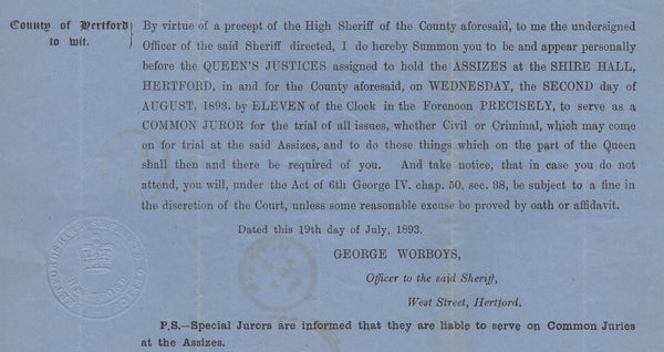 137807 1893 UNDELIVERED 'JURY SUMMONS' MAIL FROM HERTFORD TO HITCHIN WITH 3D RATE.