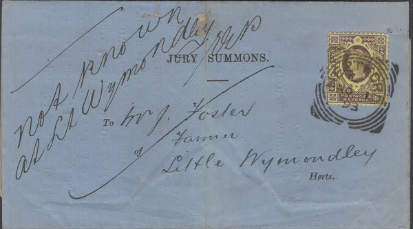 137809 1893 UNDELIVERED 'JURY SUMMONS' MAIL HERTFORD TO LITTLE WYMONDLEY WITH 3D RATE.