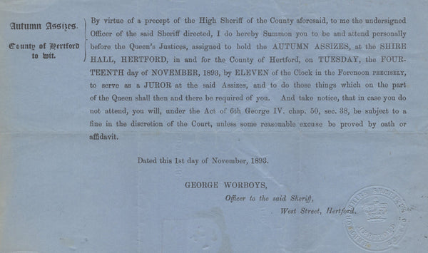 137809 1893 UNDELIVERED 'JURY SUMMONS' MAIL HERTFORD TO LITTLE WYMONDLEY WITH 3D RATE.