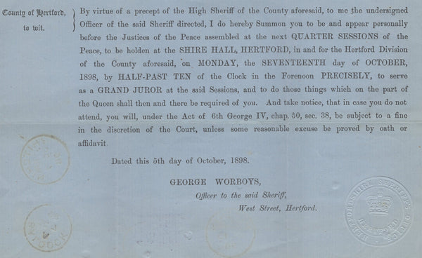 137811 1898 UNDELIVERED 'JURY SUMMONS' MAIL HERTFORD TO ASHWELL WITH 3D RATE.