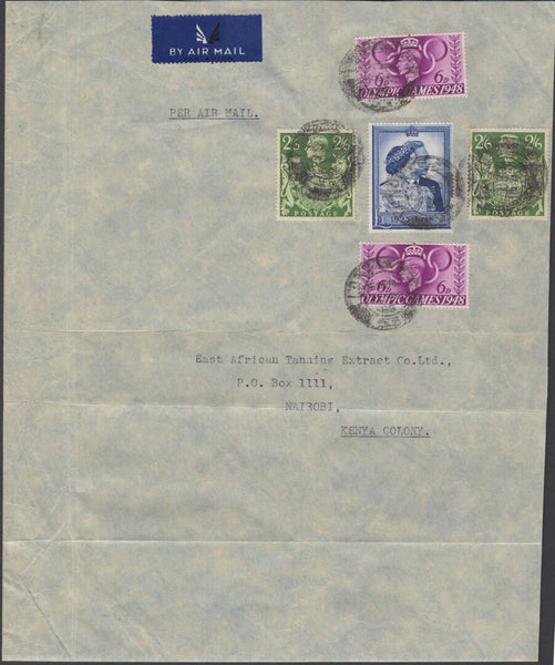 137864 1948 AIR MAIL LONDON TO NAIROBI, KENYA WITH MIXED USAGE £1 SILVER WEDDING (SG494), 2/6 YELLOW-GREEN (SG476b) AND 6D OLYMPIC GAMES (SG497).