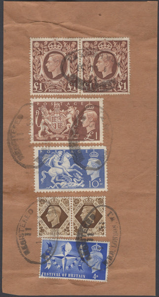 137865 1951 PIECE FROM LONDON WITH KGVI £1 BROWN (SG478c) X 2, 10S ULTRAMARINE (SG511) AND £1 BROWN (SG512).