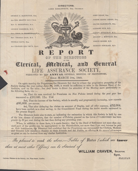 137875 1841 1D MULREADY WRAPPER 'CLERICAL, MEDICAL, AND GENERAL LIFE ASSURANCE SOCIETY' ADVERT FROM AGENT IN HALIFAX (MA113j).