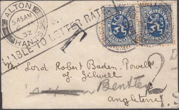 137881 1932 UNDERPAID MAIL BELGIUM TO 'MR LORD ROBERT BADEN POWELL OF GILWELL, ANGLETERRE'.