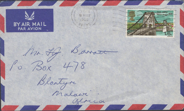 137882 1968 AIR MAIL WINDSOR TO MALAWI WITH 1/6 BRIDGES (SG765).