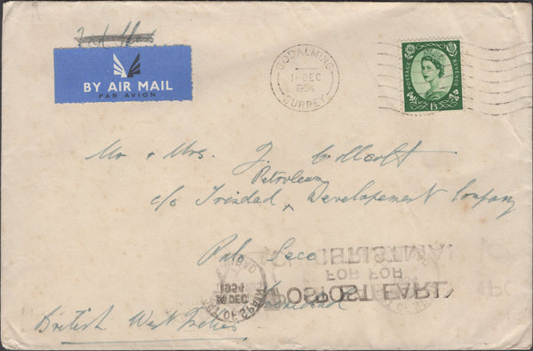 137884 1954 AIR MAIL GODALMING TO TRINIDAD WITH 1/3 WILDING.