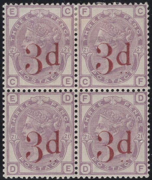 137888 1883 3D LILAC SURCHARGE '3d' IN CARMINE (SG159) VERY FINE MINT BLOCK OF FOUR.