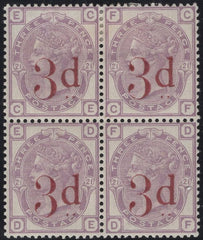 137888 1883 3D LILAC SURCHARGE '3d' IN CARMINE (SG159) VERY FINE MINT BLOCK OF FOUR.