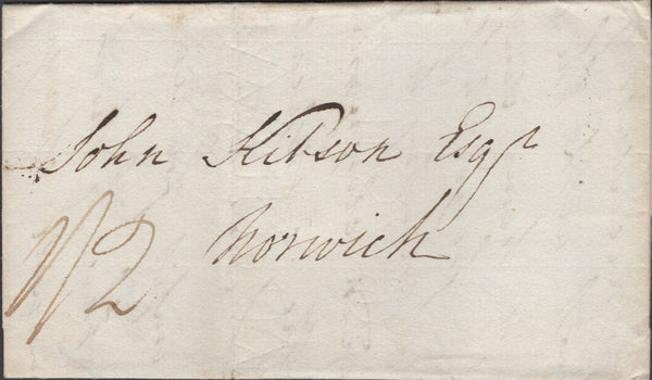 137889 1830 MAIL HOCKWOLD HALL, NORFOLK TO NORWICH WITH 'BRANDON' HAND STAMP (SK51).