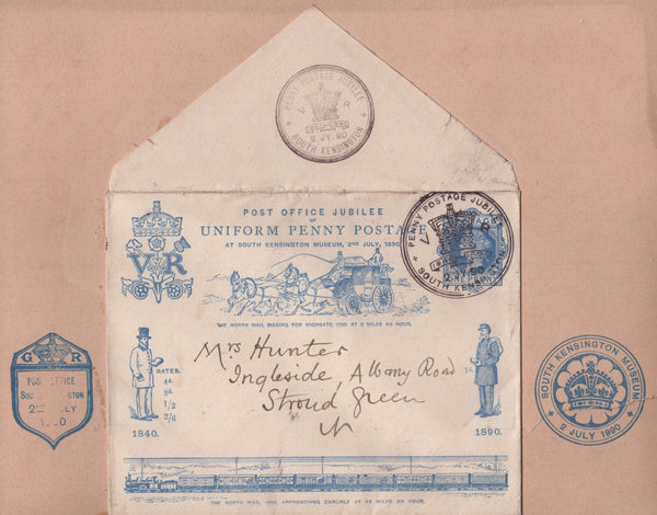 137906 1890 PENNY POSTAGE JUBILEE, 1D BLUE ENVELOPE WITH SOUTH KENSINGTON HAND STAMPS ON CARD WITH OTHER EXHBITION HAND STAMPS.