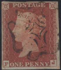 137915 1843 1D PL.41 (SG8) MATCHED PAIR LETTERED FJ WITH MALTESE CROSS AND 1844 NUMERAL CANCELLATION.