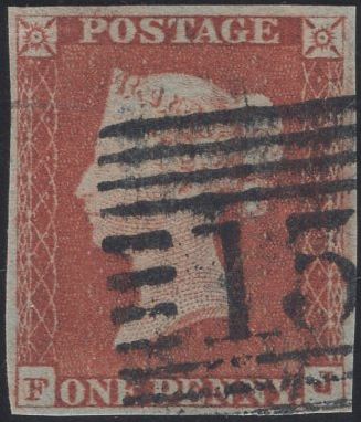 137915 1843 1D PL.41 (SG8) MATCHED PAIR LETTERED FJ WITH MALTESE CROSS AND 1844 NUMERAL CANCELLATION.