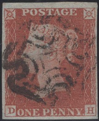137916 1843 1D PL.39 (SG8) MATCHED PAIR LETTERED DH WITH MALTESE CROSS AND 1844 NUMERAL CANCELLATIONS.