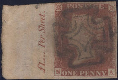 137920 1841 1D RED (SG8)(MA), GOOD USED WITH FULL SHEET MARGIN AND MARGINAL INSCRIPTION.