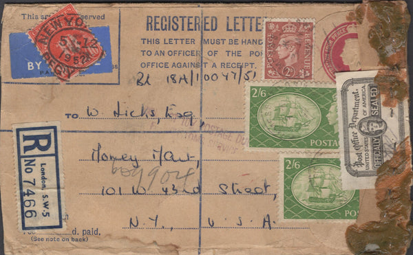 137925 1951 REGISTERED AIR MAIL LONDON TO NEW YORK WITH KGVI 2/6 YELLOW-GREEN (SG509) X 2.