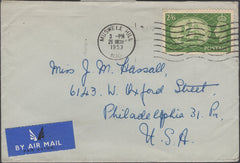 137927 1953 AIR MAIL MUSWELL HILL, LONDON TO USA WITH 2/6 YELLOW-GREEN (SG509).
