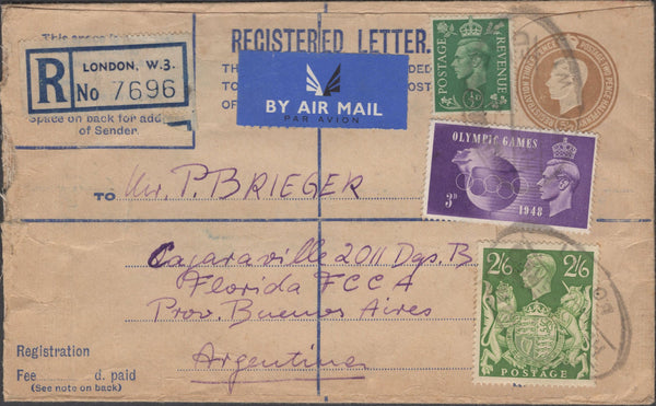 137930 CIRCA 1948 REGISTERED AIR MAIL LONDON TO ARGENTINA WITH 2/6 YELLOW-GREEN (SG476b) AND OTHER ISSUES.