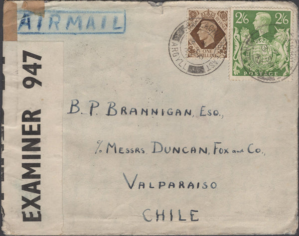 137932 1943 AIR MAIL BALLACHULISH EAST, ARGYLL TO CHILE WITH 1S (SG475) AND 2/6 YELLOW-GREEN (SG476b).