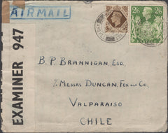 137932 1943 AIR MAIL BALLACHULISH EAST, ARGYLL TO CHILE WITH 1S (SG475) AND 2/6 YELLOW-GREEN (SG476b).
