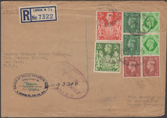 137933 1946 REGISTERED AIR MAIL LONDON TO NEW YORK WITH 2/6 YELLOW-GREEN (SG476b), 5S RED (SG477) AND OTHER VALUES.
